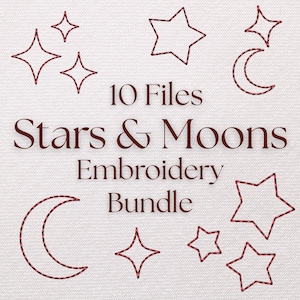 May include: An embroidery bundle featuring star and moon designs. The image displays various star and crescent moon shapes stitched with red thread on a white background. Text reads "10 Files Stars & Moons Embroidery Bundle."