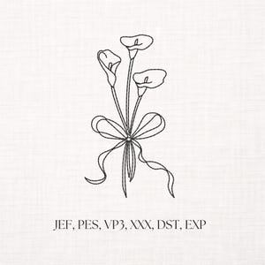 May include: A black line art embroidery design of three calla lilies tied together with a decorative ribbon bow. Below the floral illustration, the text JEF, PES, VP3, XXX, DST, EXP is printed in a simple black sans-serif font.