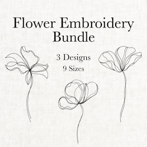 Pode incluir: Uma imagem de um Flower Embroidery Bundle com três designs florais diferentes. O texto diz "Flower Embroidery Bundle" acima dos designs, com "3 Designs 9 Sizes" abaixo. Os designs florais são desenhos de linha preta sobre um fundo branco.