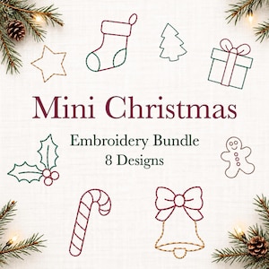 Mini Christmas Machine Embroidery Bundle | Digital Files | Candy Cane Bow Bell Star Holly Gift Ginger Bread Tree Stocking | 8 Designs