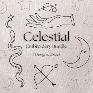 Celestial Embroidery Design Bundle | Moon, Snake, Witch Hand & Arrow | Tiny Witchy Embroidery Files | Minimal Line Art Machine Embroidery