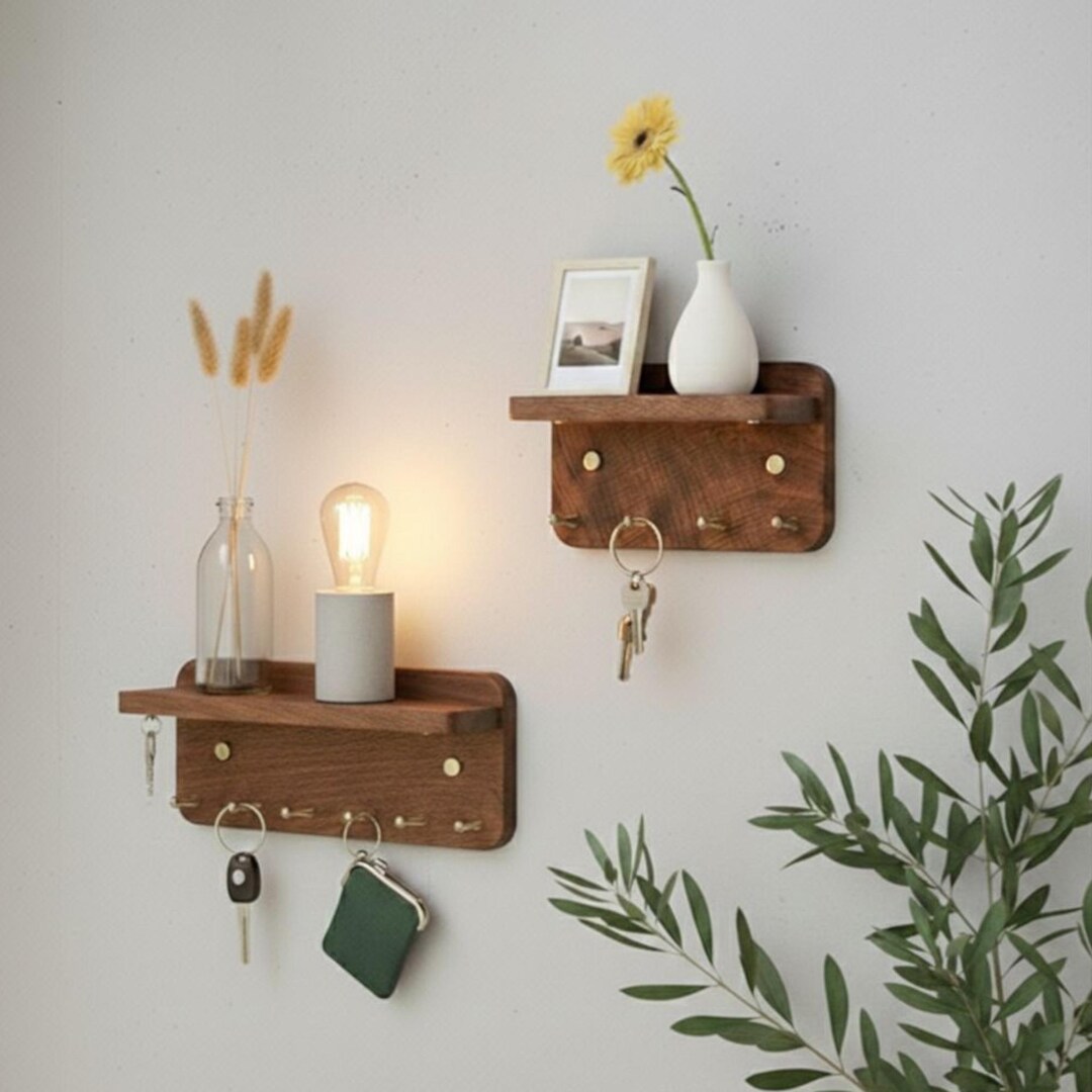 Walnut Wall Mounted Key Rack With Shelf, Magnetic Key Holder, Brass ...