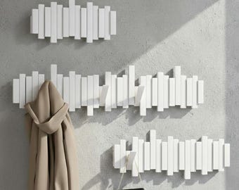 White Wood Wall Mounted Coat Rack – Modern Piano Style Flip Down Magnetic Hooks – Rustic Clothes, Coats & Hats Hanger