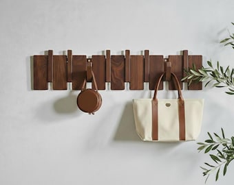 Perchero de piano de nogal con ganchos magnéticos abatibles, perchero de madera montado en la pared, organizador moderno para entrada.