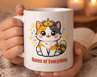 Taza de la Reina del Gato Calicó: Taza de Café Kawaii con Gatito Coronado para Mamá Gatita