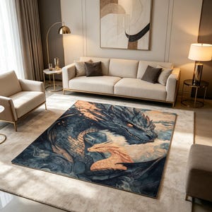 May include: A rectangular rug with a detailed illustration of two dragons. The larger dragon is predominantly blue with orange highlights, and the smaller dragon is a light peach colour. The rug is placed on a neutral-toned carpet.