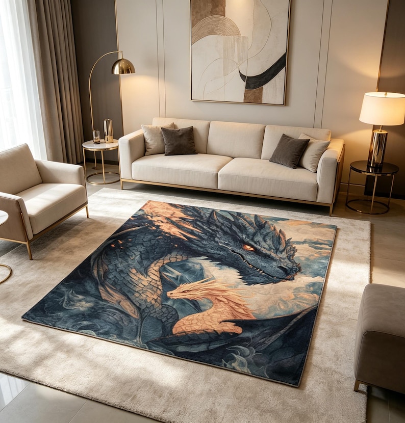 May include: A rectangular rug with a detailed illustration of two dragons. The larger dragon is predominantly blue with orange highlights, and the smaller dragon is a light peach colour. The rug is placed on a neutral-toned carpet.