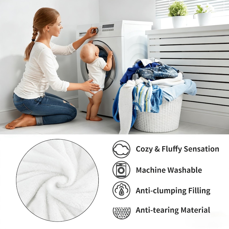 May include: A white, fluffy blanket with a close-up of its texture. The image also shows a washing machine, a laundry basket filled with clothes, and a woman and a baby.
