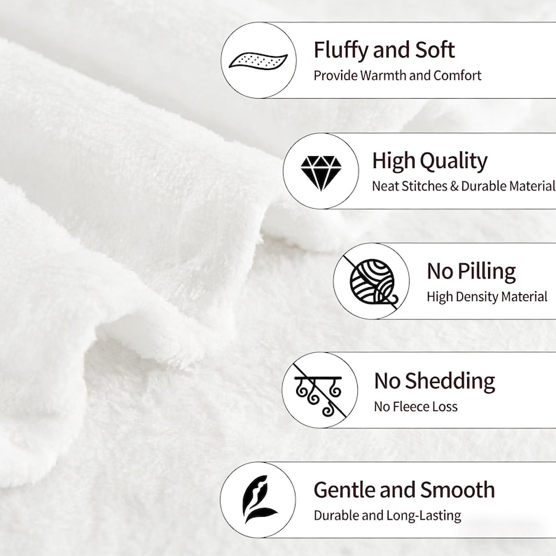 May include: Close-up of a white, fluffy blanket. The image highlights key features: "Fluffy and Soft," "High Quality," "No Pilling," "No Shedding," and "Gentle and Smooth." The blanket is designed to provide warmth and comfort, with neat stitches and durable material.