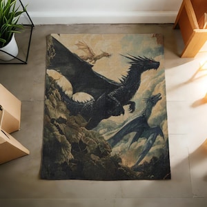 May include: A rectangular rug depicting a fantasy scene with three dragons in flight against a cloudy sky. The central dragon is black, with others in blue and gold. The artwork has a vintage, painterly style.
