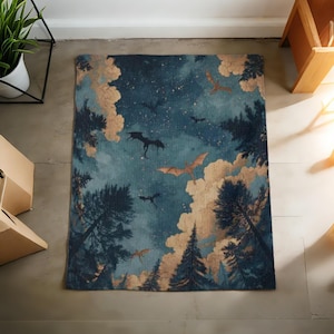 May include: A rectangular rug with a fantasy scene depicting a night sky, clouds, and silhouetted trees. Several bats are shown in flight. The colour palette includes shades of blue, brown, and black.