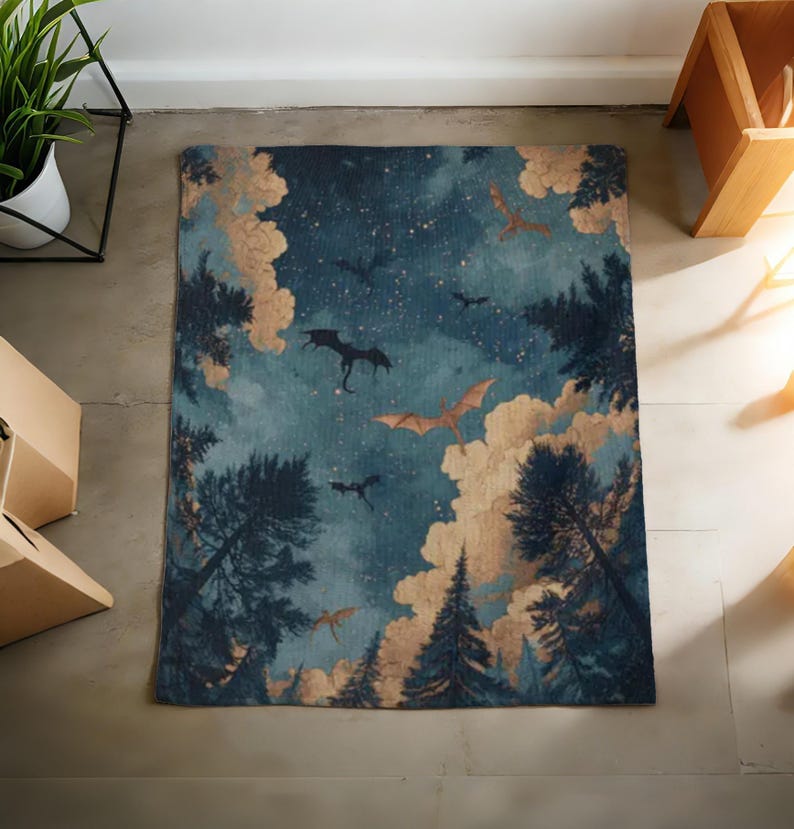 May include: A rectangular rug with a fantasy scene depicting a night sky, clouds, and silhouetted trees. Several bats are shown in flight. The colour palette includes shades of blue, brown, and black.