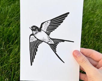 Swallow Bird LinoCut Block Print 5x7 inch