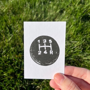 Art Trading Card (ATC) Manual Gear / Shift Knob LinoCut Block Print 2.5x3.5 inch