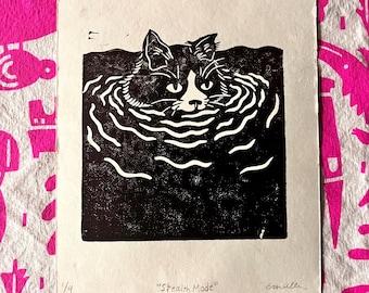 Cat in Water Stealth Mode LinoCut Block Print on Handmade Cotton Paper 5x6 inch