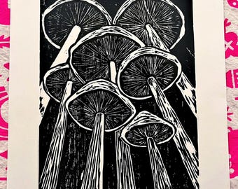 Mushroom Forest WoodBlock Print on Illustration Paper 8.5x11 inch