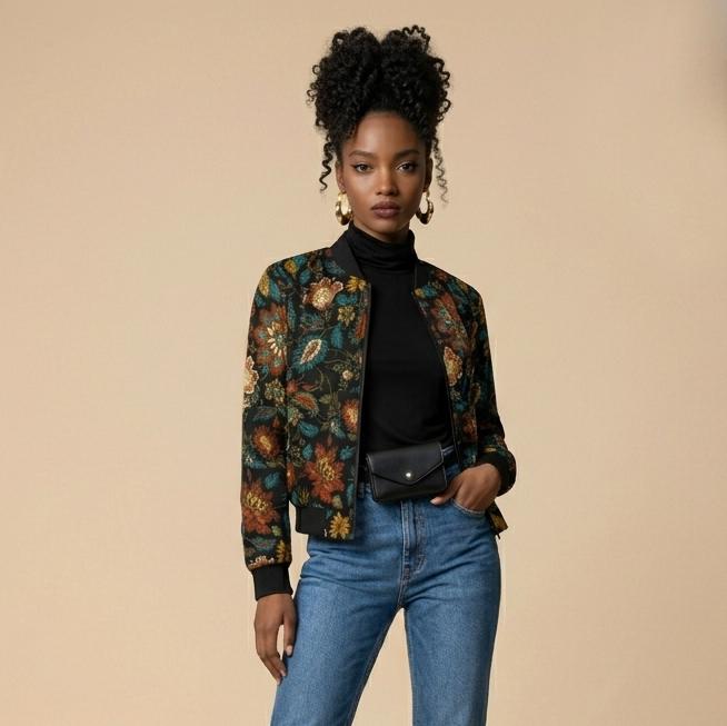 Blouson Bomber A. Moss Femme - Noir Brodé De Fleurs - Taille M - Très Bon état