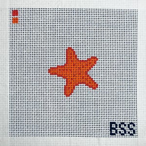 May include: Needlepoint canvas featuring a vibrant orange starfish design on a white background with a grid pattern. The canvas includes the initials "BSS" in the lower right corner and two small orange and red squares in the upper left corner.