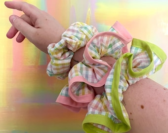 Rainbow Gingham Pride Scrunchie - Large Scrunchies, Hair Accessories, LGBTQIA Hair Tie, Pink & Green Trim