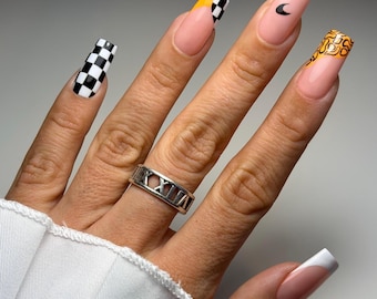 McLaren Inspired F1 Press On Nails | Papaya Orange Checkerboard French Tips | Formula 1 Nails | F1 Nails | Racing Girl Press Ons