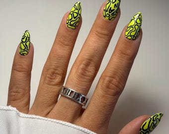 Lando Norris F1 Inspired Neon Yellow Abstract Blob Press On Nails