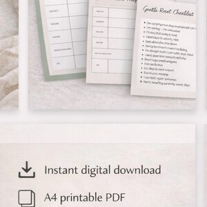 May include: Digital printable planner pages with the text "What's included". The pages include checklists and planning sheets with titles like "Everything in My Head" and "Gentle Reset Map". The image also states "Instant digital download".