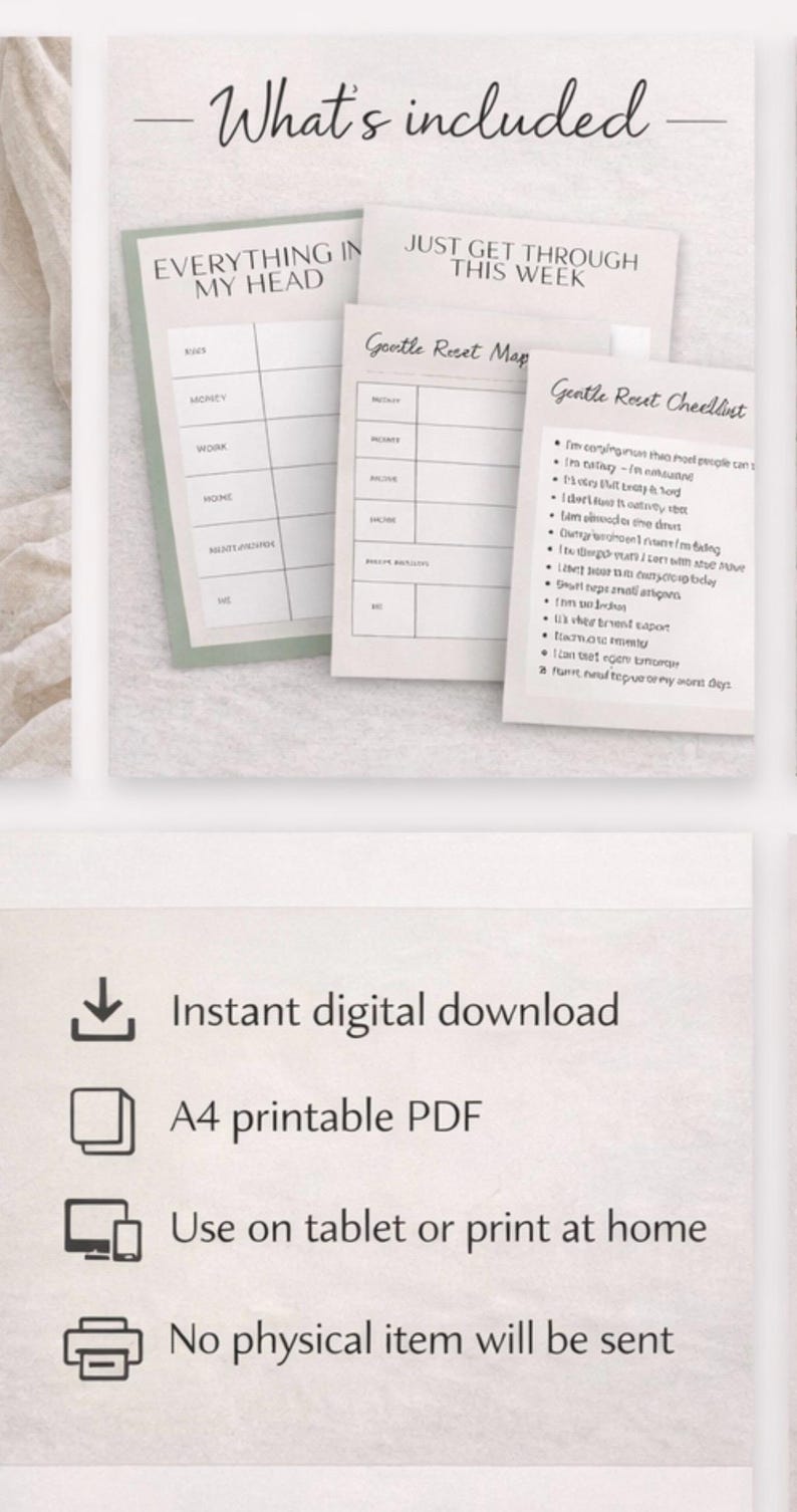 May include: Digital printable planner pages with the text "What's included". The pages include checklists and planning sheets with titles like "Everything in My Head" and "Gentle Reset Map". The image also states "Instant digital download".