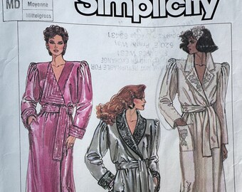 Vintage 80's Simplicity  #7186 Sewing Pattern Women's Robe with Front Wrap Shoulder Pad's- Bust 36 -38"