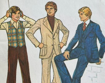 May include: Three men's fashion illustrations from a vintage sewing pattern. The man on the left is wearing a plaid vest, a white shirt, and brown pants. The man in the center is wearing a beige suit with a turtleneck sweater. The man on the right is wearing a blue suit with a white shirt and a patterned tie.