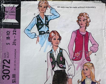 Vintage 70's McCall;s #3072 Sewing Pattern Women's Set of Vest's and Belt's w/Embroidery Bust 32"