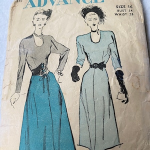 May include: Vintage sewing pattern featuring illustrations of two women in elegant dresses. The pattern is from "ADVANCE" and includes size 16 with a 34-inch bust and 28-inch waist. The text "As Featured in MADEMOISELLE" is also visible.