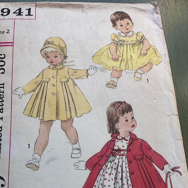 Vintage 50's Simplicity  #1941 Sewing Pattern Child Toddler Dress Coat and Bonnet Outfit Size 2