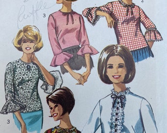 Vintage 60's Simplicity #6649  Sewing Pattern Women's Set of Blouses Back Zipper Four Styles Bust -34"