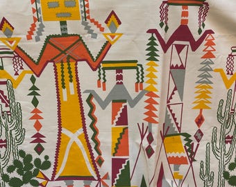 Vintage 70s Southwestern Kachina Fabric Panel Novelty Print- 1 1/2 yard