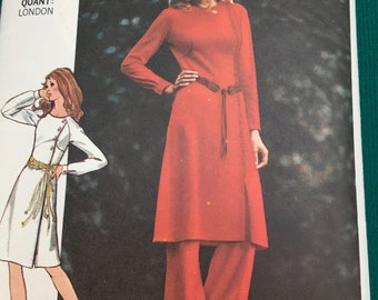 Vintage 70's Butterick #6068 Sewing Pattern Women's Dress & Pant Outfit Raglan Sleeves by Designer "Mary Quant" Bust 34"