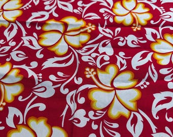 Vtg 90's Fabric Cotton Hawaiian Red & Yellow Hibiscus Flowers- Hoffman International  4.5 Yards