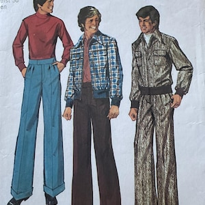 May include: Three men's fashion illustrations showing different styles of pants. The man on the left is wearing a red turtleneck sweater and blue wide-leg pants. The man in the middle is wearing a plaid jacket and brown wide-leg pants. The man on the right is wearing a brown jacket and brown patterned wide-leg pants.