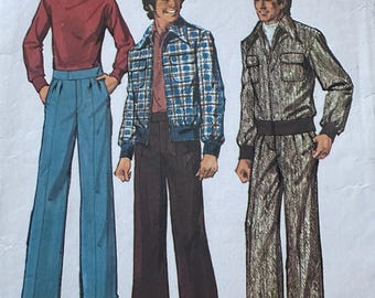 May include: Three men's fashion illustrations showing different styles of pants. The man on the left is wearing a red turtleneck sweater and blue wide-leg pants. The man in the middle is wearing a plaid jacket and brown wide-leg pants. The man on the right is wearing a brown jacket and brown patterned wide-leg pants.