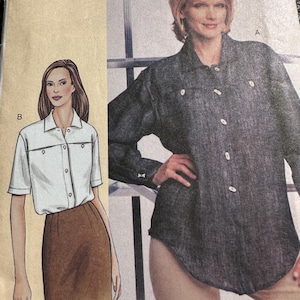May include: A sewing pattern featuring illustrations of women's shirts and a skirt. The pattern includes a long-sleeved gray shirt with white buttons and a short-sleeved white shirt. The pattern is labeled "7636/D" and includes a barcode.