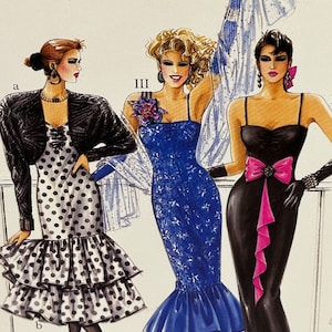May include: Three women wearing different evening dresses. The woman on the left is wearing a black and white polka dot dress with a black bolero jacket. The woman in the middle is wearing a blue sequined dress with a mermaid skirt. The woman on the right is wearing a black dress with a pink bow and a black shawl.