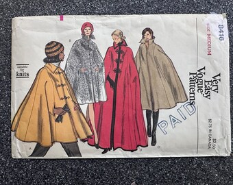 80's Vogue #8416 Sewing Pattern Women's Unlined Capes in Four Styles Medium (Bust 34-36")