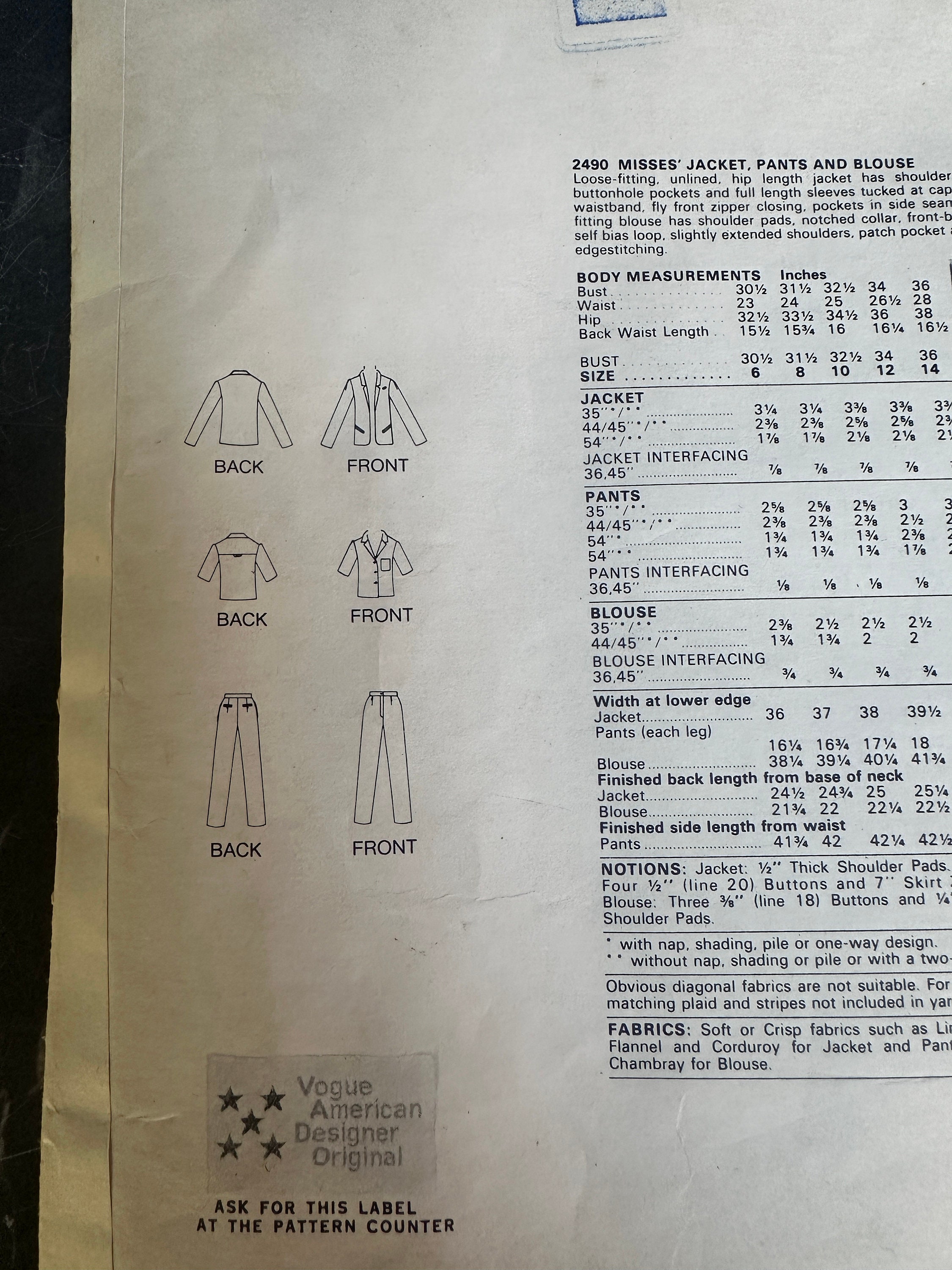 Vintage 80's Vogue #2490 Sewing Pattern Designer Perry Ellis Women's ...