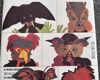 McCall's #2133 Halloween Felt Masks Costumes-Woodpecker, Bat, Parrot, Fox, Butterfly Sewing Pattern Size (7 to Adult)