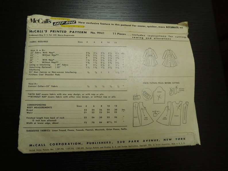 Pattern 9941 Vintage 50's Mccalls #9941 Sewing Pattern Girls Princess Coat Complete ...