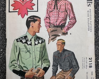 Vintage 50's McCall's #2118 Sewing Pattern Men's Western Shirt's w/transfer Notched Yoke Large Chest 42-44"
