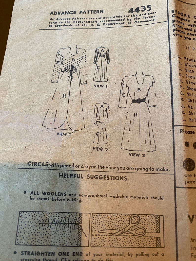 Vintage 40's Advance #4435 Sewing Pattern Mademoiselle Women's Ankle ...