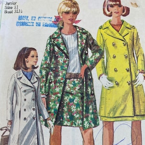Vintage 60's Simplicity #6976 Sewing Pattern Junior's Coat with Hip- Hugger Skirt Complete Waist 24" Bust 31"