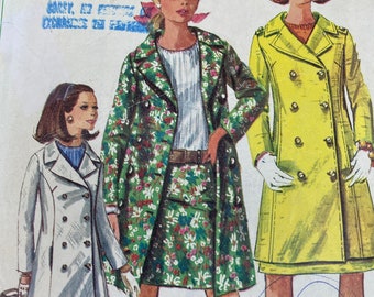 Vintage 60's Simplicity #6976 Sewing Pattern Junior's Coat with Hip- Hugger Skirt Complete Waist 24" Bust 31"