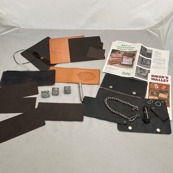 Vtg Lot of "Tandy Leather Kits" - Bikers Wallet - Deluxe CheckBook -2-Mens's Wallet -Metal Stamp Tools  DIY