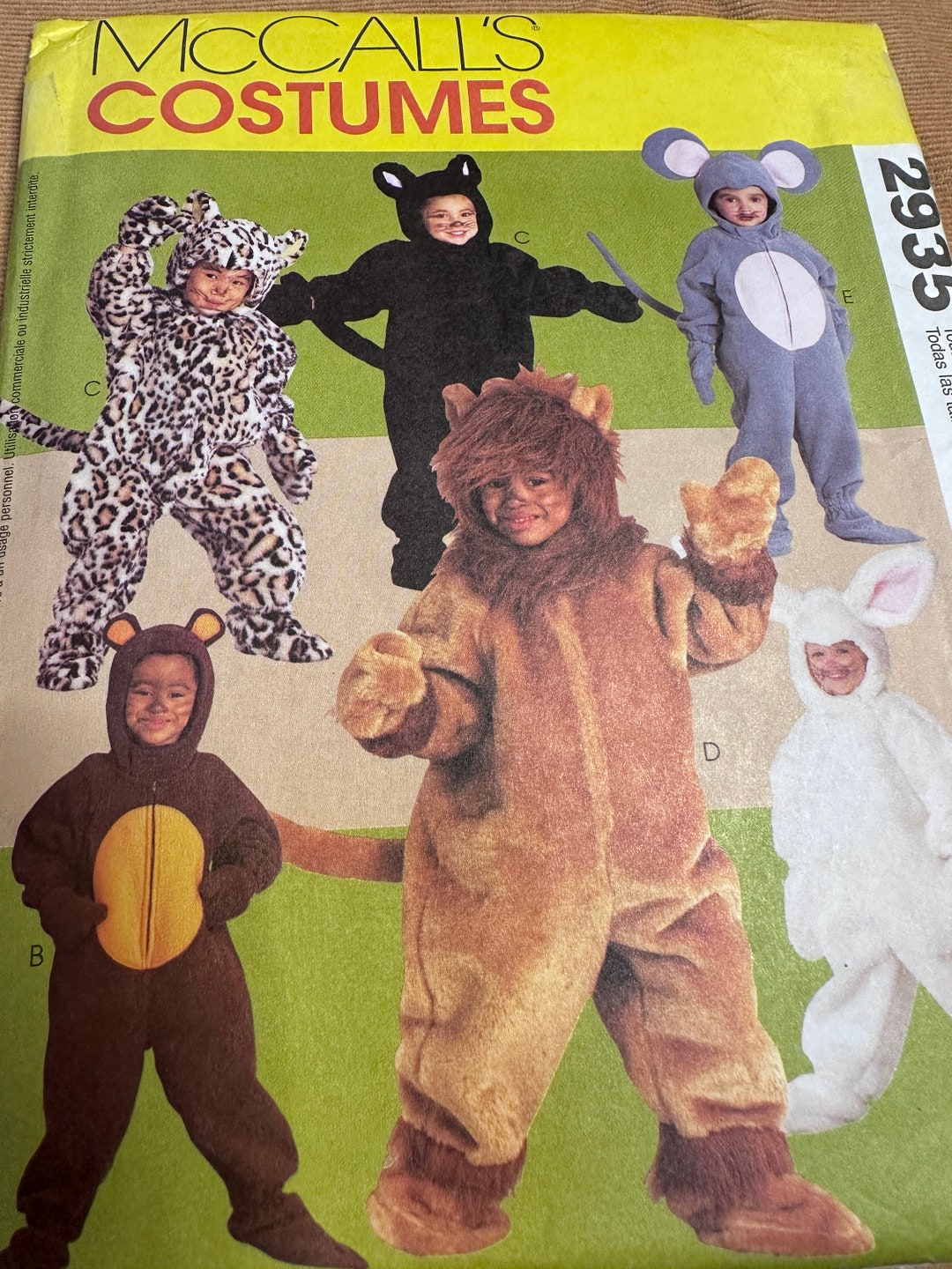 Mccalls 2935 Sewing Pattern Child's Animal Costume's Bunny bear Cat